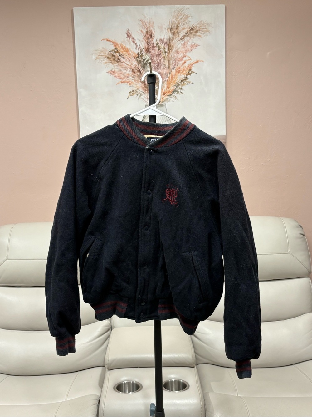 Vintage Mens POLO RALPH LAUREN Varsity Jacket Bomber Wool USA Black Size Large